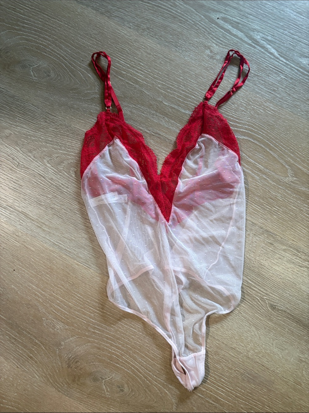 Auden Red & White Sheer Lace V-Neck Bodysuit Chemise